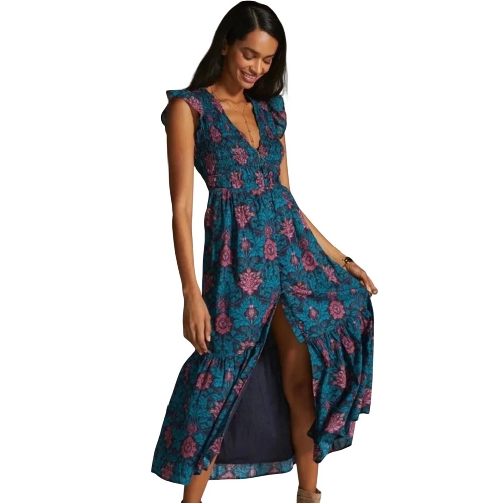 Anthropologie The Peregrine Midi Dress Black Motif Floral Smocked OB1387071 M